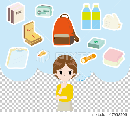 揃える防災グッズを考える女性 47938306