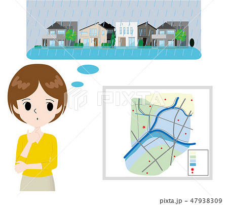 ハザードマップと街が浸水した場面を想像する女性のイラスト素材
