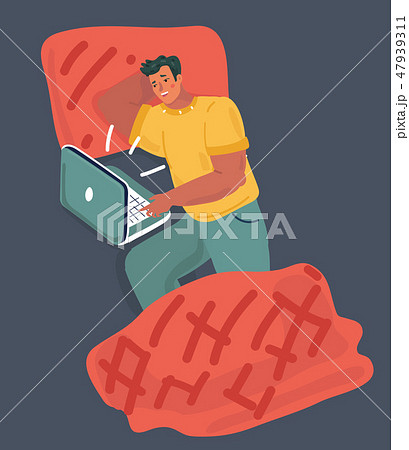 Young guy lying in the bed look at laptop. 47939311