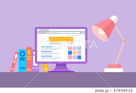 Table Lamp, Books and Monitor with Web Page Vector Table Lamp, Books and Monitor with Web Page Vector 47939419