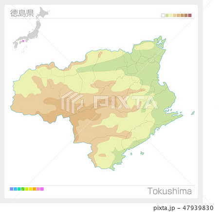 徳島県の地図（等高線・色分け）