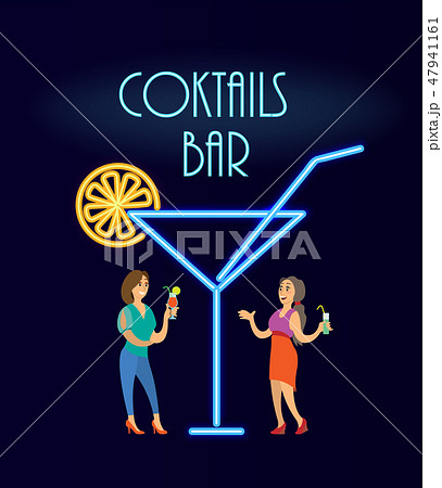 Cocktails Bar Neon, Women in Evening Dress Vector 47941161
