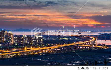 Incheon bridge at Sunset ,South Korea. Incheon bridge at Sunset ,South Korea. 47942374
