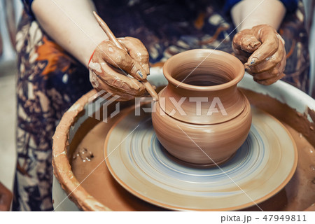 Ceramics. The master at the potter's wheel produces a vessel of clay, decorating. 47949811