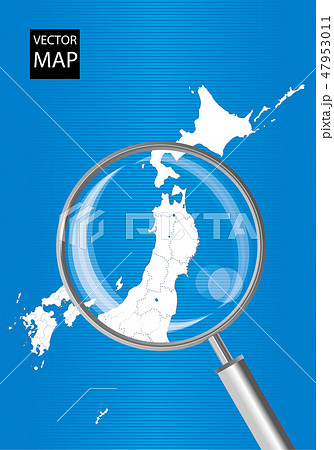 日本地図（青）：虫眼鏡で拡大された東北地方の地図｜日本列島　ベクターデータ