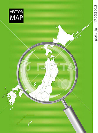 日本地図（緑）：虫眼鏡で拡大された東北地方の地図｜日本列島　ベクターデータ