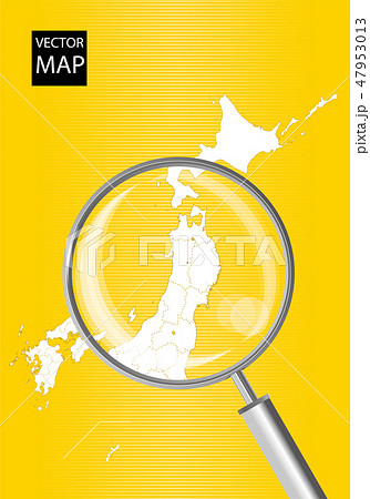 日本地図（黄色）：虫眼鏡で拡大された東北地方の地図｜日本列島　ベクターデータ