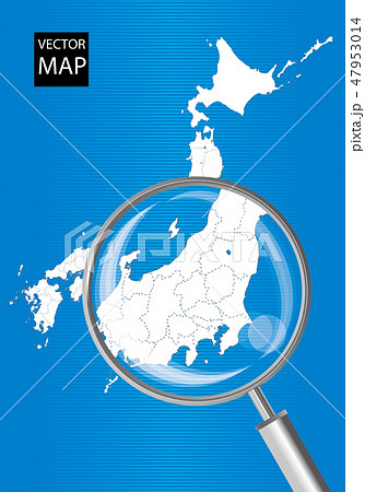 日本地図（青）：虫眼鏡で拡大された関東甲信越地方の地図｜日本列島　ベクターデータ