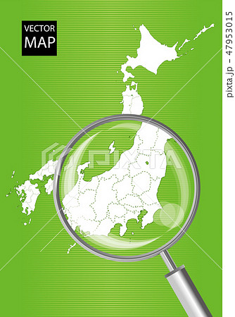 日本地図 緑 虫眼鏡で拡大された関東甲信越地方の地図 日本列島 ベクターデータのイラスト素材