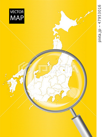日本地図（黄色）：虫眼鏡で拡大された関東甲信越地方の地図｜日本列島　ベクターデータ