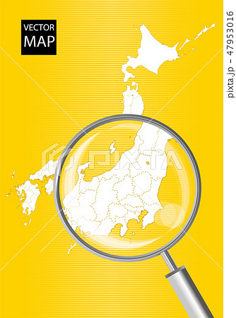 日本地図 黄色 虫眼鏡で拡大された関東甲信越地方の地図 日本列島 ベクターデータのイラスト素材