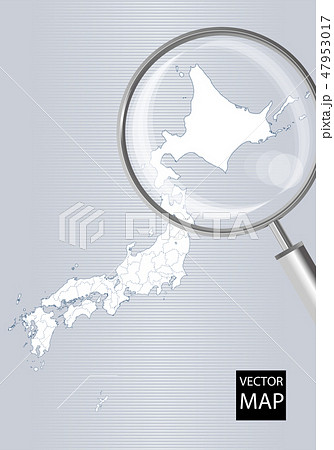 日本地図 グレー 虫眼鏡で拡大された北海道の地図 日本列島 ベクターデータのイラスト素材