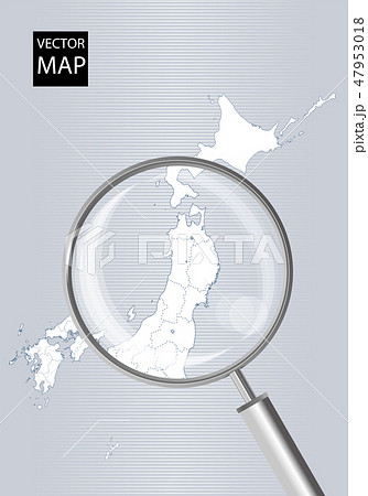 日本地図（グレー）：虫眼鏡で拡大された東北地方の地図｜日本列島　ベクターデータ