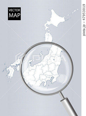 日本地図 グレー 虫眼鏡で拡大された関東甲信越地方の地図 日本列島 ベクターデータのイラスト素材