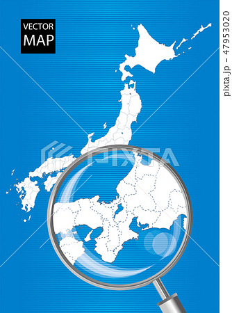 日本地図（青）：虫眼鏡で拡大された東海・関西の地図｜日本列島　ベクターデータ