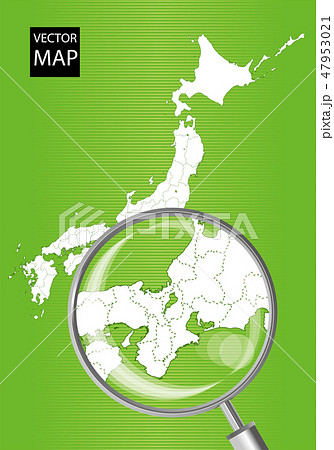 日本地図 緑 虫眼鏡で拡大された東海 関西の地図 日本列島 ベクターデータのイラスト素材