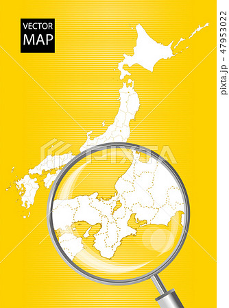 日本地図（黄色）：虫眼鏡で拡大された東海・関西の地図｜日本列島　ベクターデータ