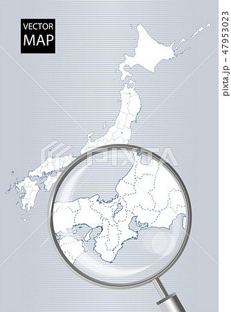 日本地図（グレー）：虫眼鏡で拡大された東海・関西の地図｜日本列島　ベクターデータ
