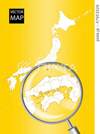 日本地図（黄色）：虫眼鏡で拡大された北海道の地図｜日本列島　ベクターデータ