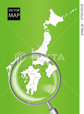 日本地図 緑 虫眼鏡で拡大された九州地方の地図 日本列島 ベクターデータのイラスト素材