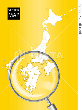 日本地図（黄色）：虫眼鏡で拡大された九州地方の地図｜日本列島　ベクターデータ 47953030