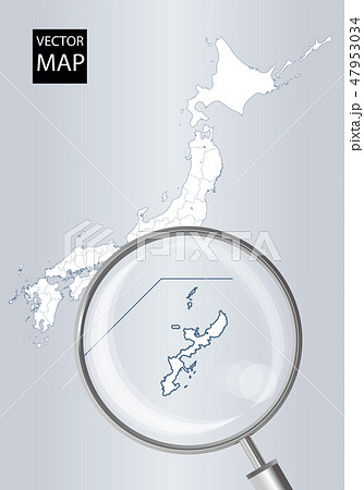 日本地図 青 虫眼鏡で拡大された沖縄県の地図 日本列島 ベクターデータのイラスト素材