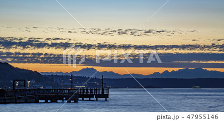 Pier in Tacoma bay against a dramatic sunset 47955146