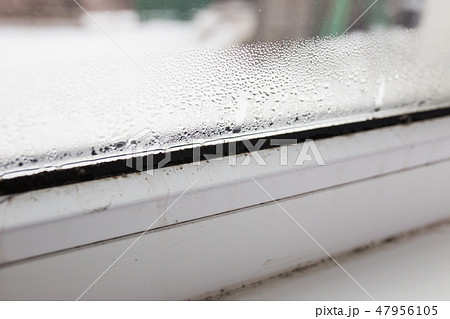 mold on a foggy plastic window of white color. Close-up mold on a foggy plastic window of white color. Close-up 47956105