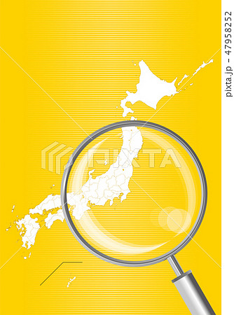 日本地図 黄色 虫眼鏡で拡大された関東 東北地方の地図 日本列島 ベクターデータのイラスト素材