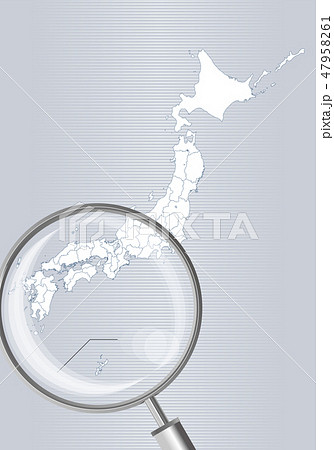 日本地図 グレー 虫眼鏡で拡大された西日本 関西 四国 九州の