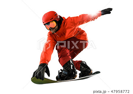 Portrait of young man in sportswear with snowboard isolated on a white background. 47958772