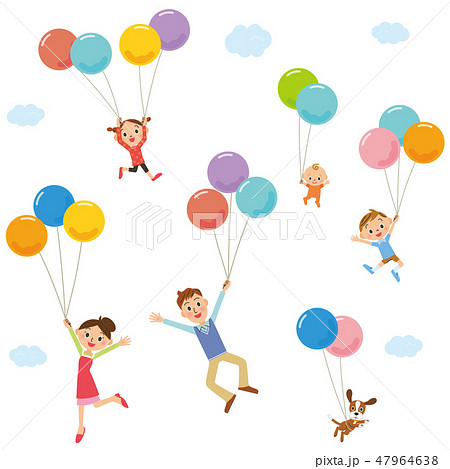 風船を持って飛んでいる家族のイラスト素材
