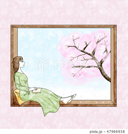 窓辺の読書 桜のイラスト素材