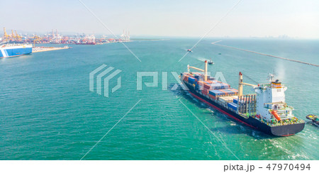 Aerial view of cargo ships in sea are transported Aerial view of cargo ships in sea are transported 47970494
