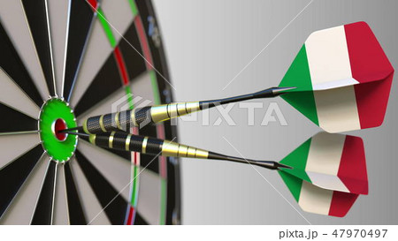 Italian national achievement. Flags of Italy on darts hitting bullseye. Conceptual 3D rendering 47970497