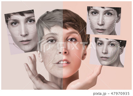 Anti-aging, beauty treatment, aging and youth, lifting, skincare, plastic surgery concept. Anti-aging, beauty treatment, aging and youth, lifting, skincare, plastic surgery concept. 47970935
