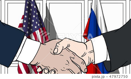 Businessmen or politicians shaking hands against flags of USA and Russia. Meeting or cooperation Businessmen or politicians shaking hands against flags of USA and Russia. Meeting or cooperation 47972750