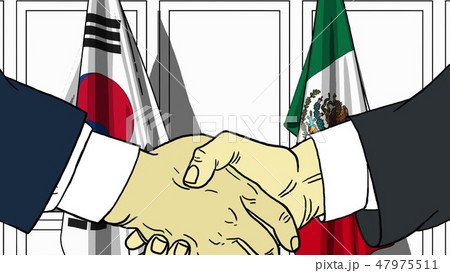 Businessmen or politicians shaking hands against flags of Korea and Mexico. Meeting or cooperation Businessmen or politicians shaking hands against flags of Korea and Mexico. Meeting or cooperation 47975511
