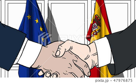 Businessmen or politicians shaking hands against flags of EU and Spain. Meeting or cooperation Businessmen or politicians shaking hands against flags of EU and Spain. Meeting or cooperation 47976875