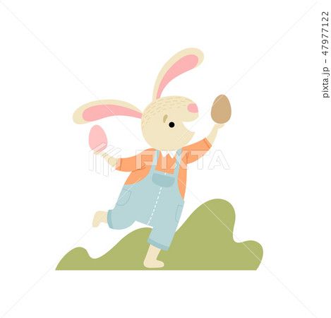 Happy Cute Bunny Having Fun with Eggs, Happy Easter, Design Element for Greeting Card, Invitation 47977122