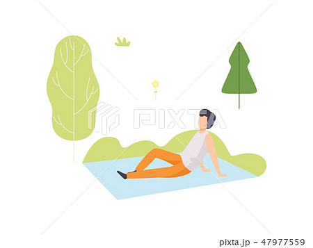 Young Man Sitting on Blanket in Park, Guy Relaxing and Enjoying Nature Outdoors Vector Illustration Young Man Sitting on Blanket in Park, Guy Relaxing and Enjoying Nature Outdoors Vector Illustration 47977559