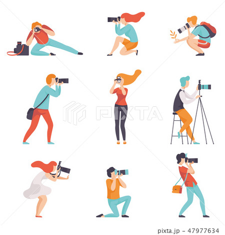 Photographers Taking Photos Using Professional Equipment Set, Men and Women with Cameras Making 47977634