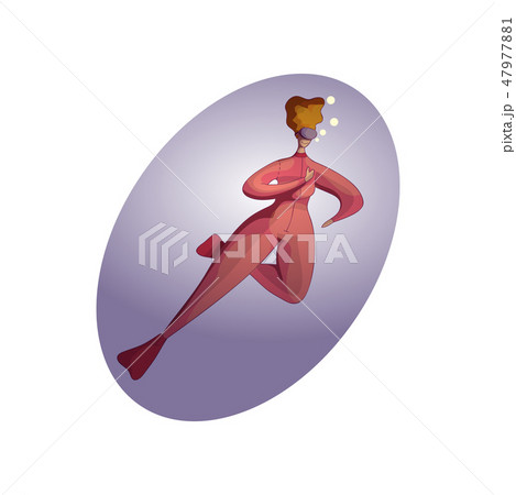 Funny plump woman swimming underwater. Young red-haired girl in wetsuit and mask. Snorkeling theme 47977881