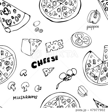 Seamless Pattern With Hand Drawn Pizza Slices のイラスト素材