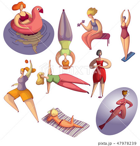 Vectoe set of cute hand drawn plump women in different actions. Doing fitness exercise, sunbathing 47978239