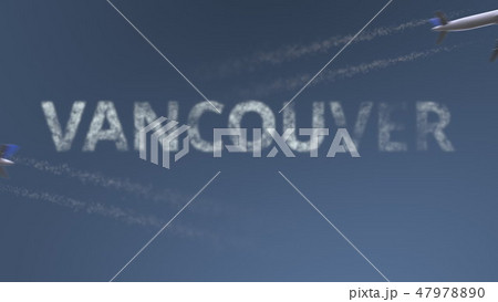 Flying airplanes trails and Vancouver caption. Traveling to Canada conceptual 3D rendering Flying airplanes trails and Vancouver caption. Traveling to Canada conceptual 3D rendering 47978890