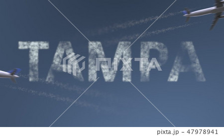 Flying airplanes trails and Tampa caption. Traveling to the United States conceptual 3D rendering Flying airplanes trails and Tampa caption. Traveling to the United States conceptual 3D rendering 47978941