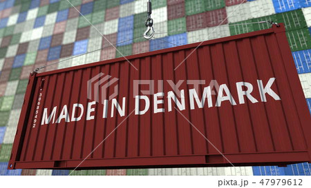 Container with MADE IN DENMARK caption. Danish import or export related 3D rendering 47979612