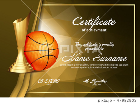 Basketball Certificate Diploma With Golden Cup Vector. Sport Vintage Appreciation. Modern Gift Basketball Certificate Diploma With Golden Cup Vector. Sport Vintage Appreciation. Modern Gift 47982905