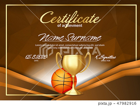 Basketball Game Certificate Diploma With Golden Cup Vector. Sport Graduate Champion. Best Prize 47982916